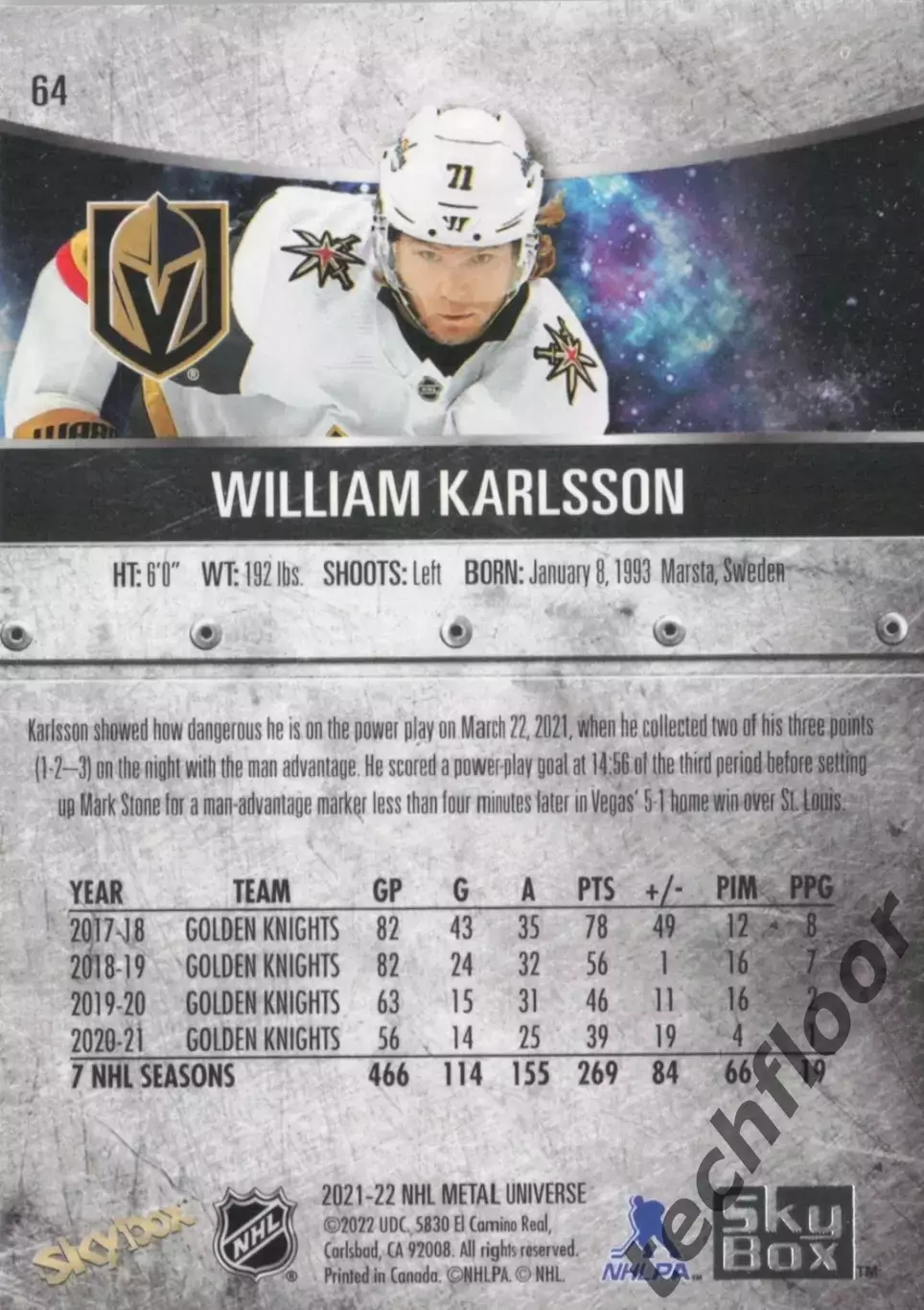 Карточка NHL William Karlsson Vegas Golden Knights/Вильям Карлссон Вегас НХЛ 1