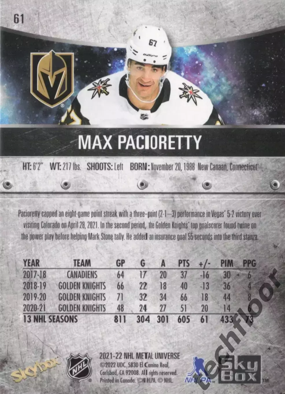 Карточка NHL Max Pacioretty Vegas Golden Knights/Макс Пачиоретти Вегас НХЛ 1