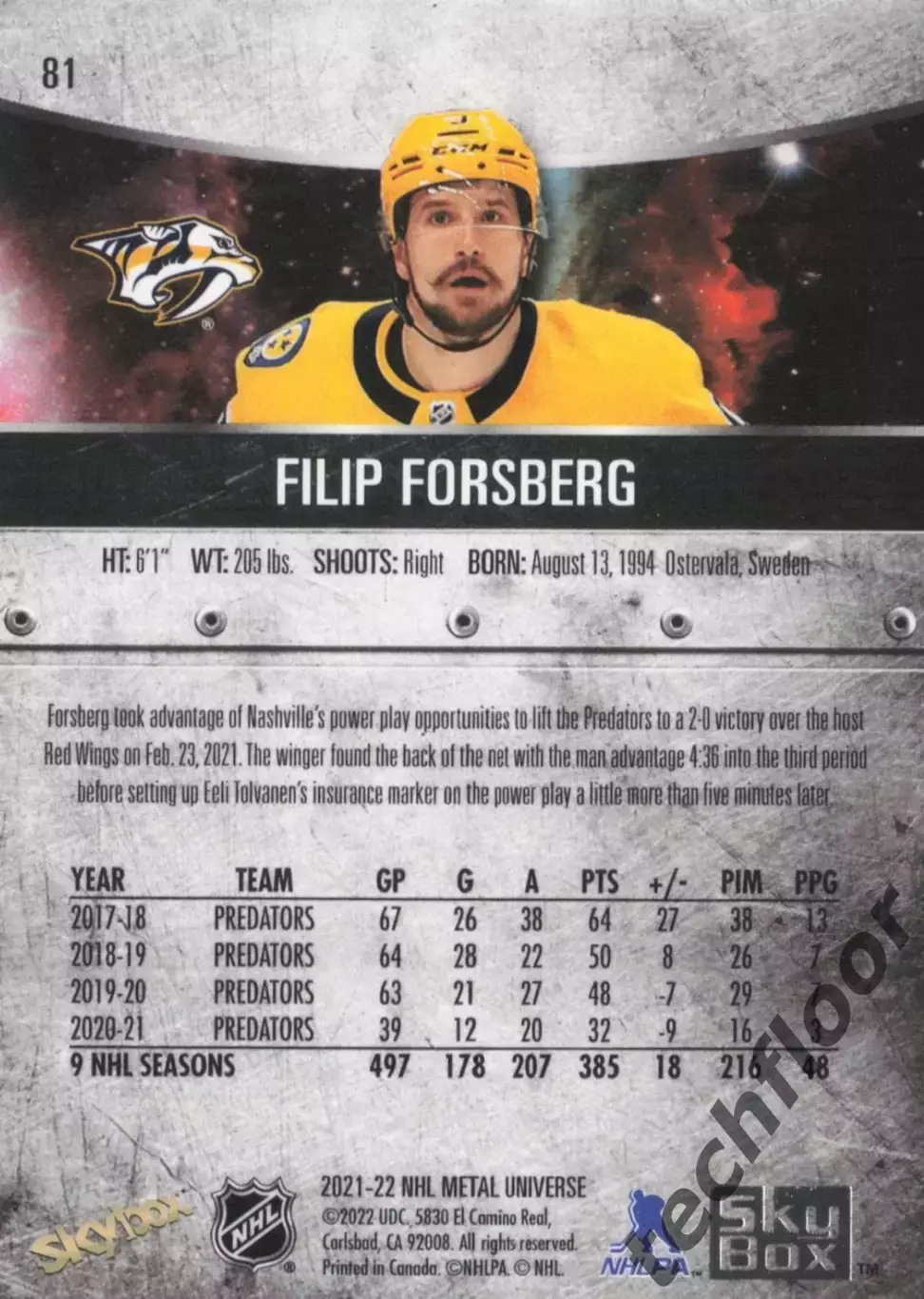 Карточка NHL Filip Forsberg Nashville Predators/ Филип Форсберг Нэшвилл НХЛ 1