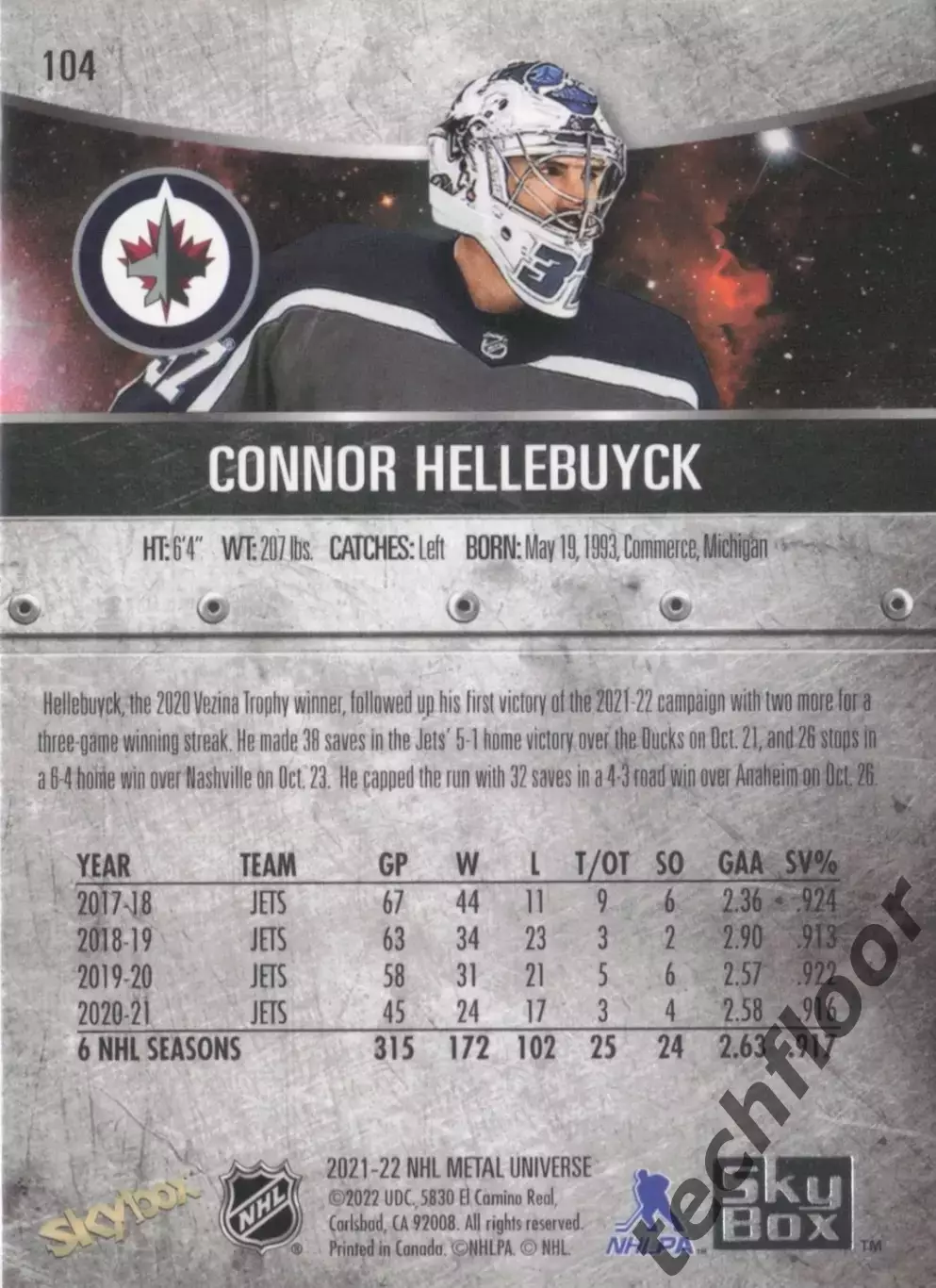 Карточка NHL Connor Hellebuyck Winnipeg Jets/Коннор Хеллебайк Виннипег НХЛ 1