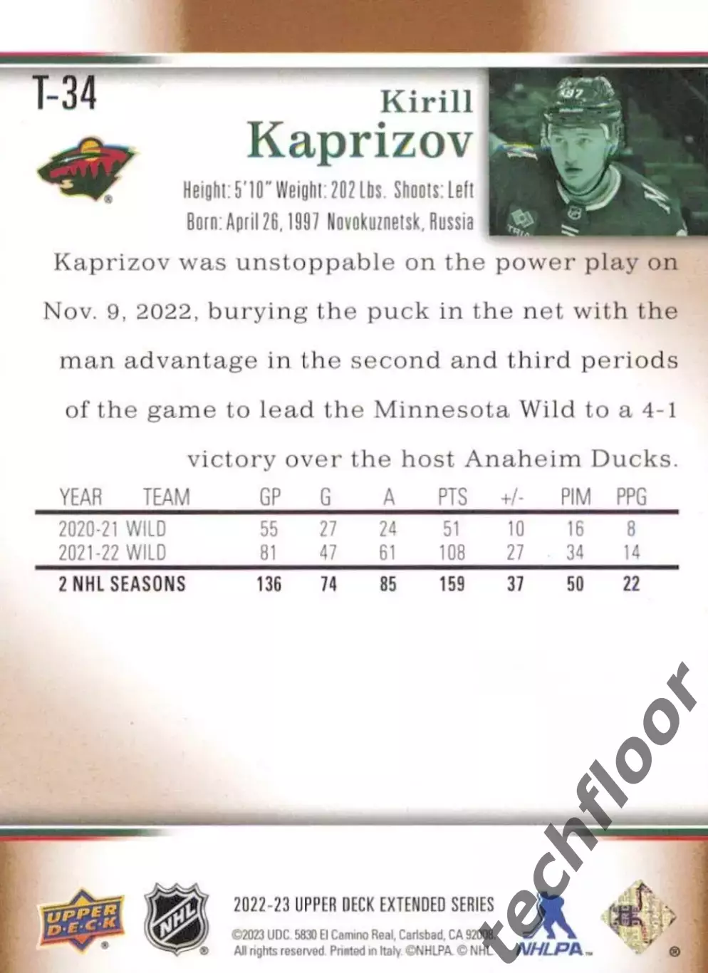 Карточка NHL Kirill Kaprizov Minnesota Wild/Кирилл Капризов НХЛ Миннесота 1