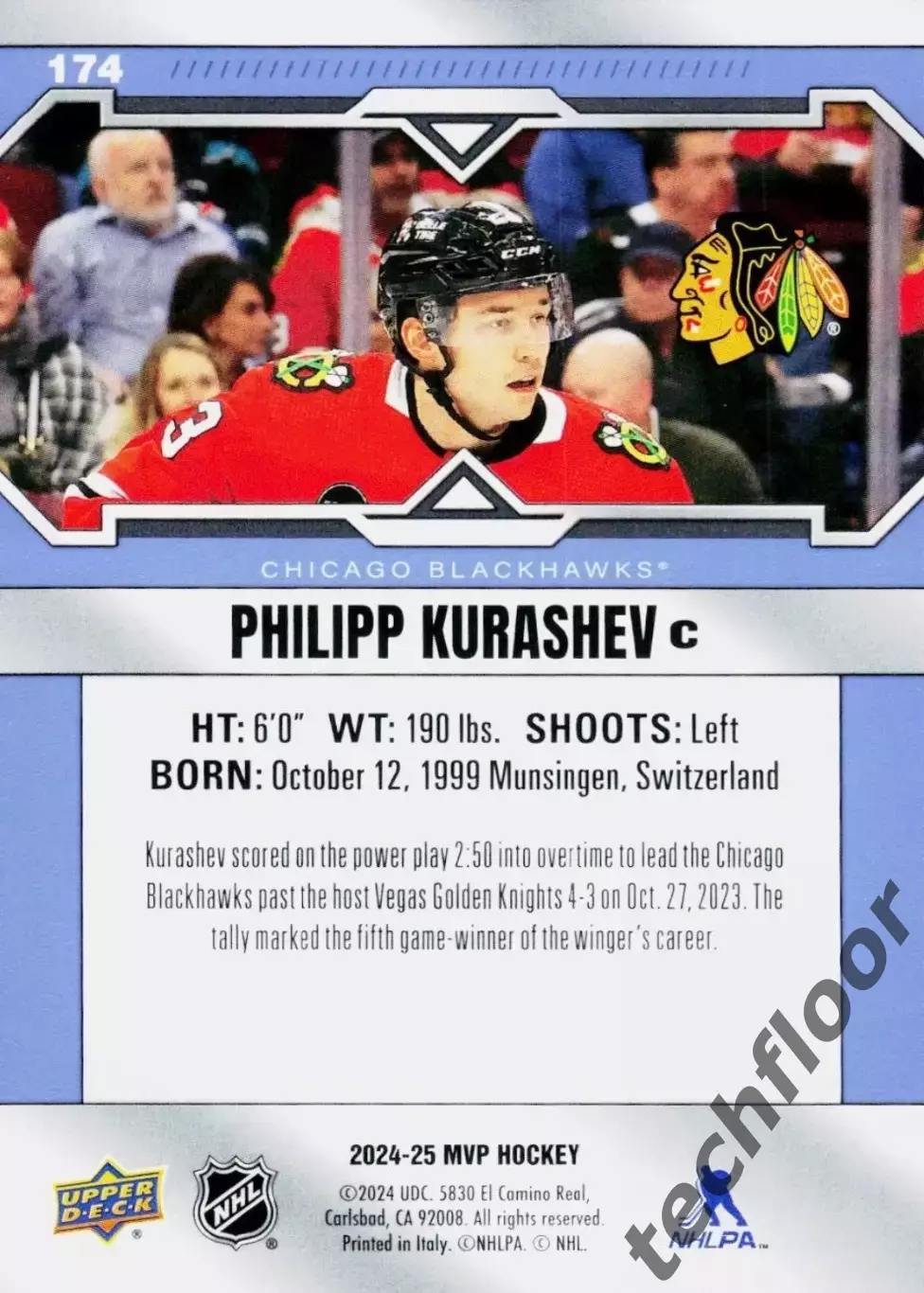 Карточка NHL Philipp Kurashev Chicago Blackhawks/ Филипп Курашев Чикаго НХЛ 1