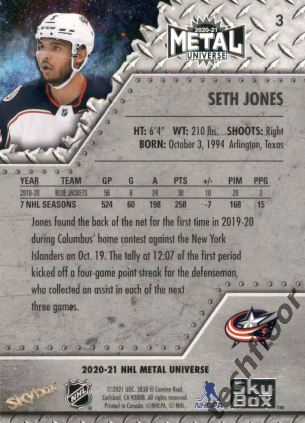 Карточка NHL Seth Jones Columbus Blue Jackets/Сет Джонс Коламбус НХЛ 1