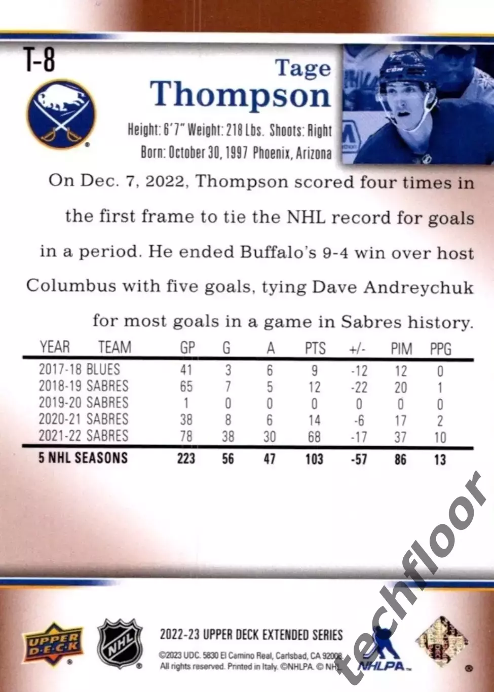 Карточка NHL Tage Thompson Buffalo Sabres/ Тэйдж Томпсон Баффало НХЛ 1
