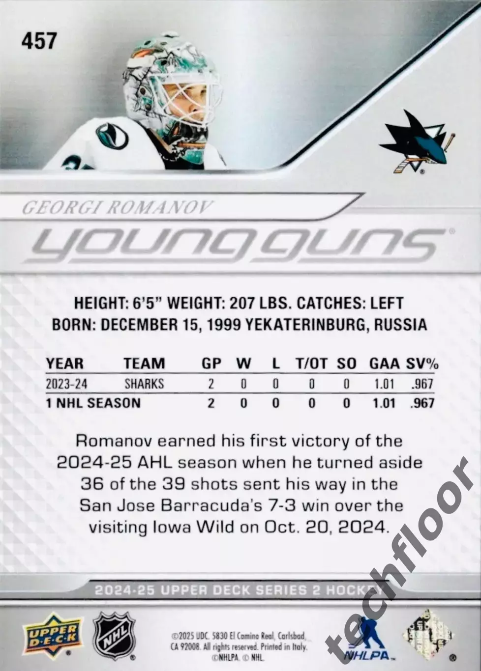 Карточка NHL Georgi Romanov San Jose Sharks/Георгий Романов Сан-Хосе Шаркс НХЛ 1