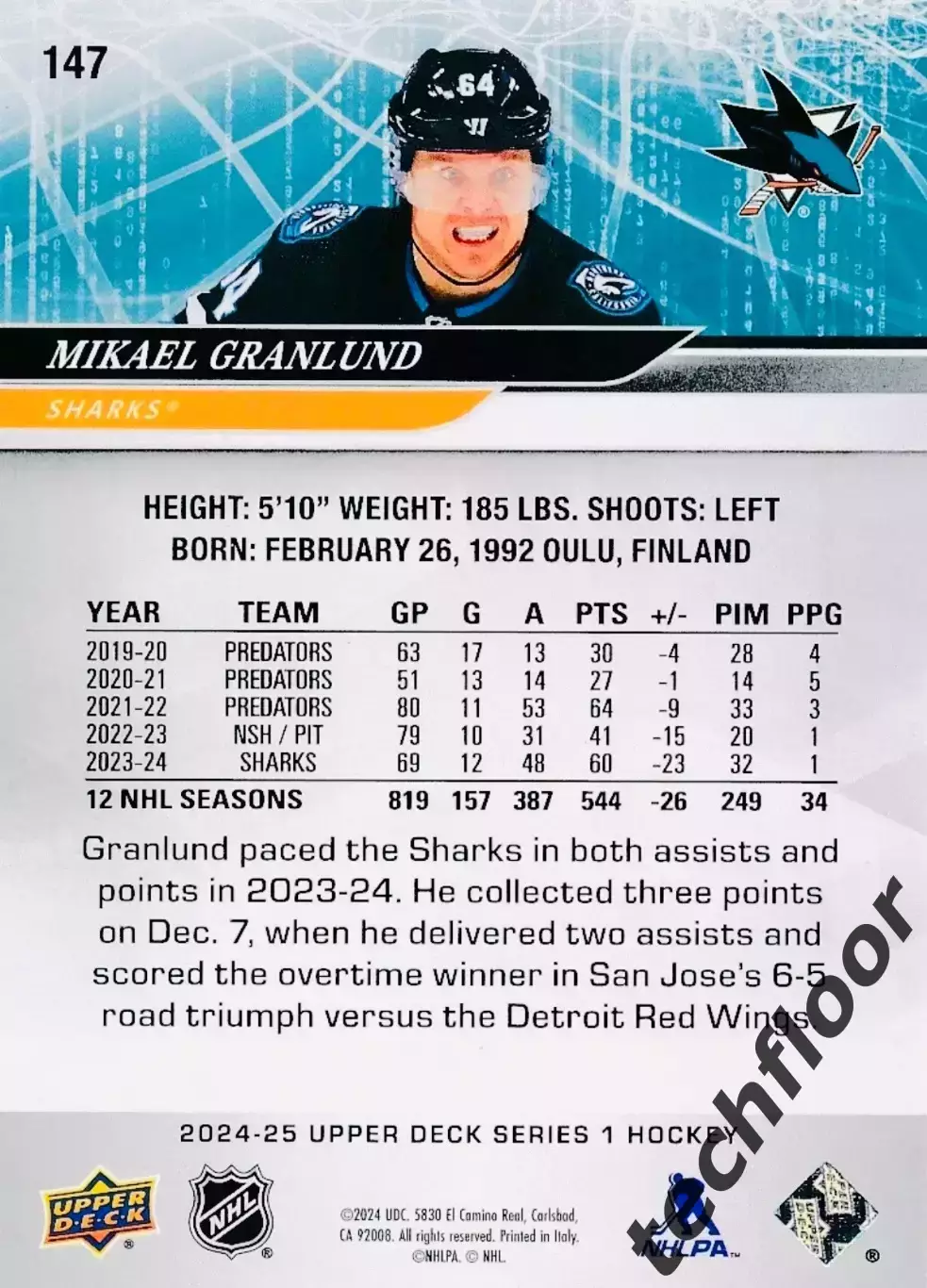 Карточка NHL Mikael Granlund San Jose Sharks/Микаэль Гранлунд Сан-Хосе НХЛ 1