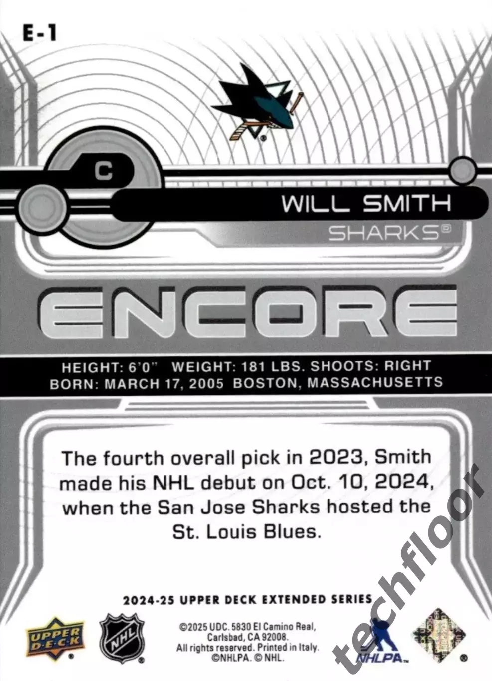 Карточка NHL Will Smith San Jose Sharks/Уилл Смит НХЛ Сан-Хосе Шаркс 1