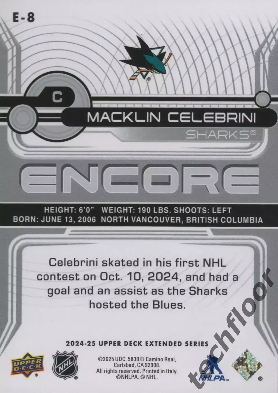 Карточка NHL Macklin Celebrini San Jose Sharks/Маклин Селебрини НХЛ Сан-Хосе 1