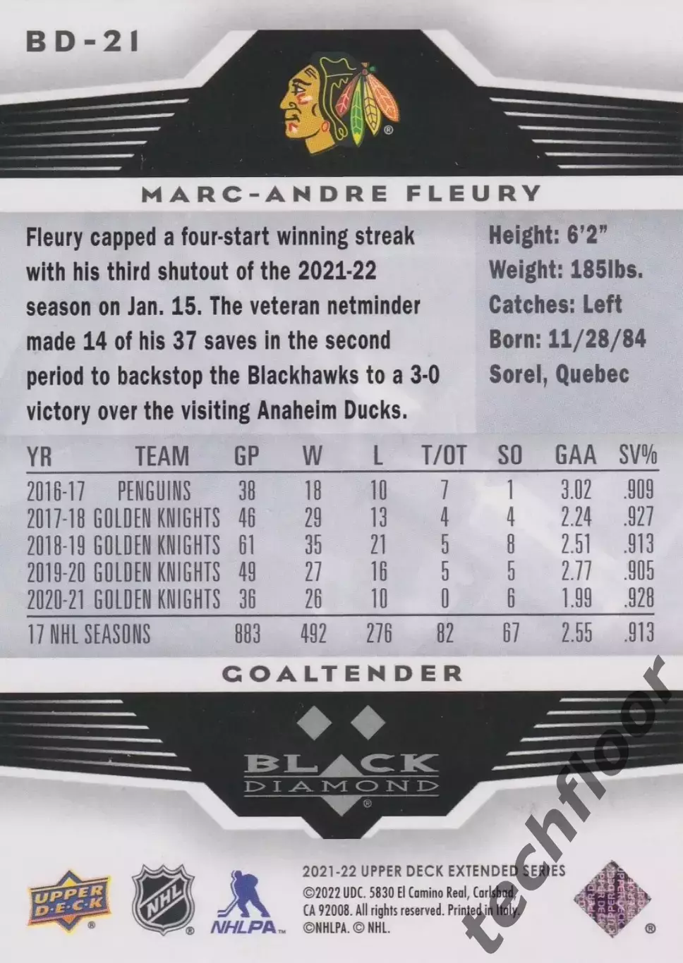 Карточка NHL Marc-Andre Fleury Chicago Blackhawks/Марк-Андре Флери Чикаго НХЛ 1