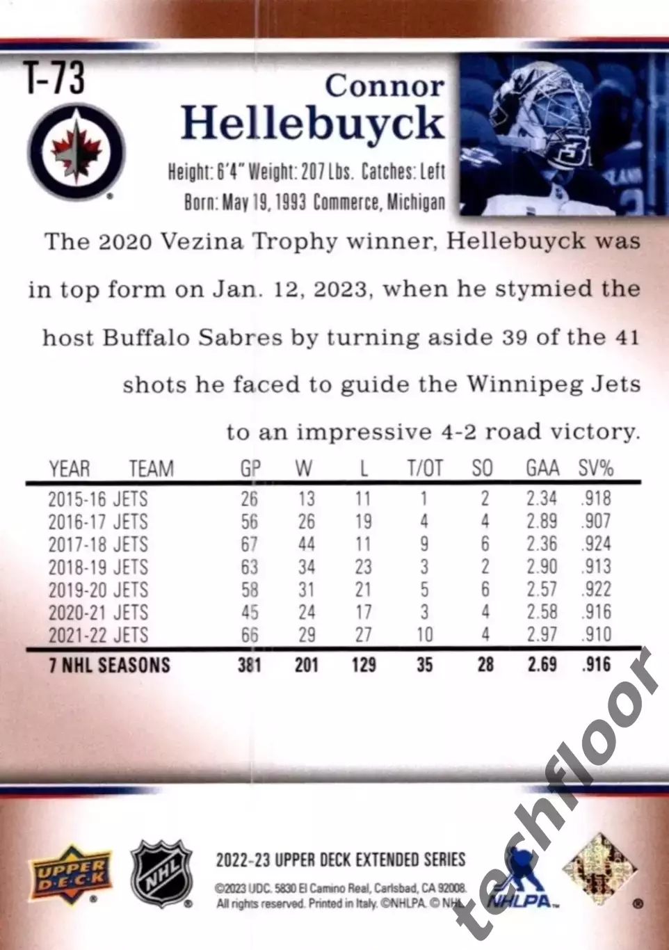 Карточка NHL Connor Hellebuyck Winnipeg Jets/Коннор Хеллебайк НХЛ Виннипег 1