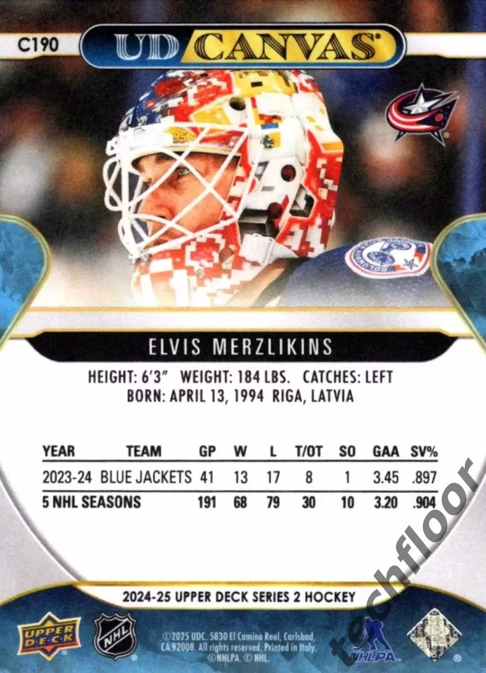 Карточка NHL Canvas Elvis Merzlikins Columbus Blue Jackets/Элвис Мерзликинс НХЛ 1
