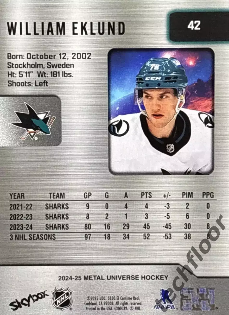 Карточка NHL William Eklund San Jose Sharks / Виллиам Эклунд Сан-Хосе Шаркс НХЛ 1
