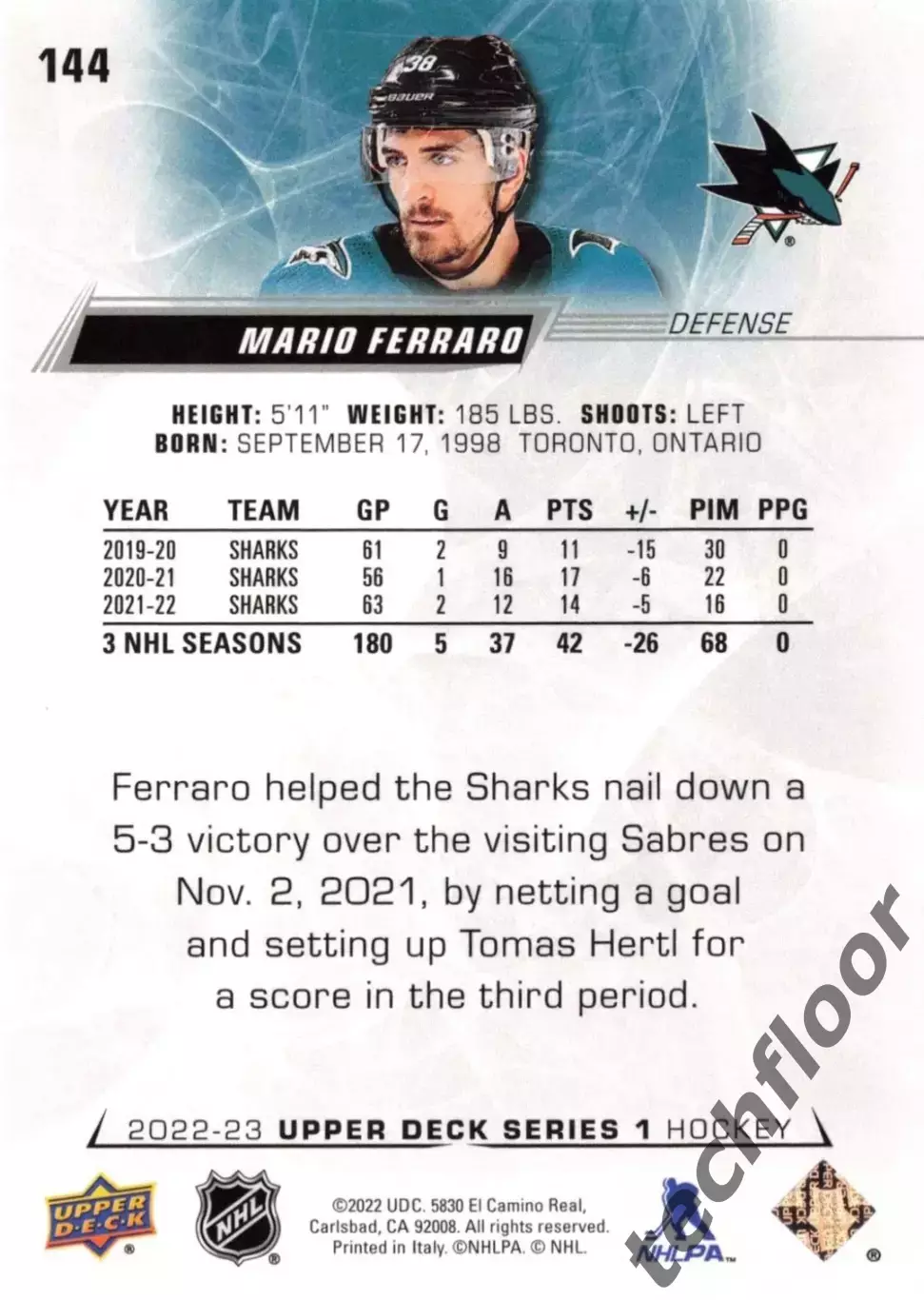 Карточка NHL Mario Ferraro San Jose Sharks /Марио Ферраро Сан-Хосе НХЛ 1