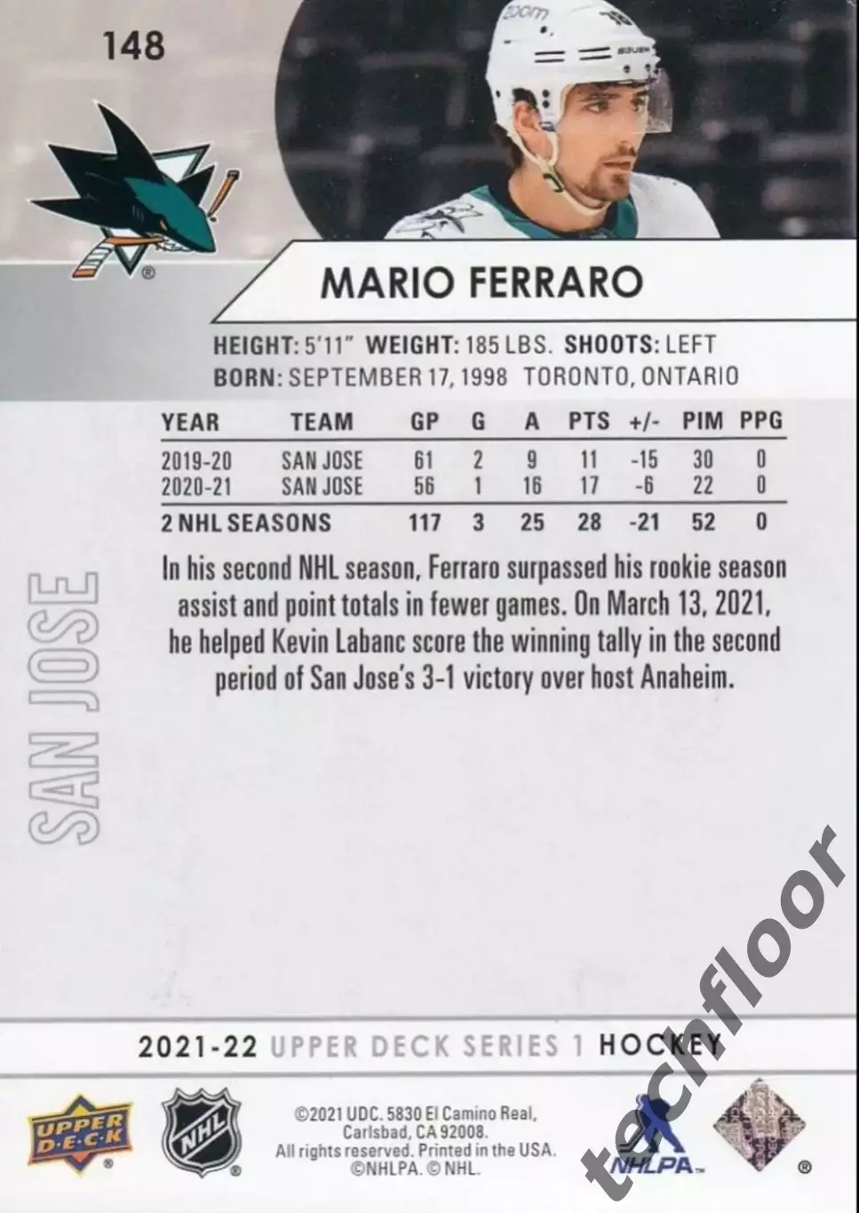 Карточка NHL Mario Ferraro San Jose Sharks / Марио Ферраро Сан-Хосе Шаркс НХЛ 1