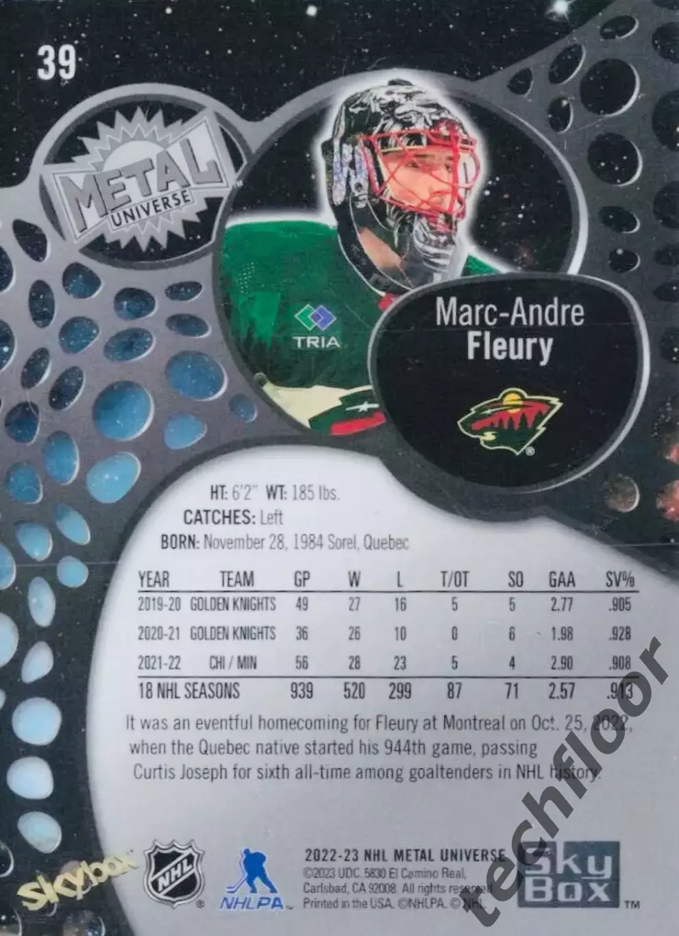 Карточка NHL Marc-Andre Fleury Minnesota Wild/ Марк-Андре Флери Миннесота НХЛ 1