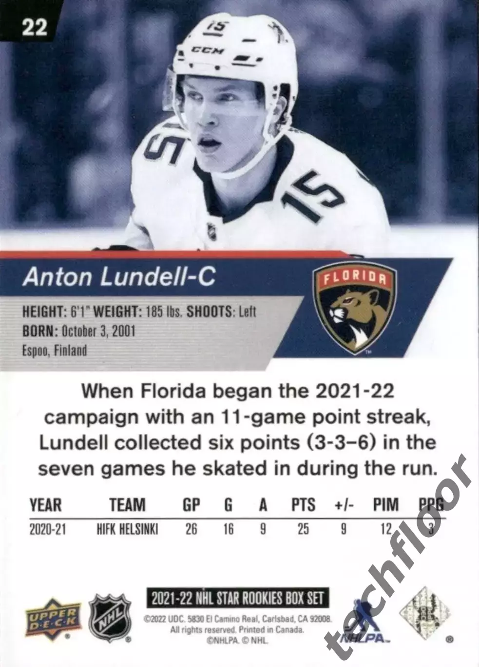 Карточка NHL Anton Lundell Florida Panthers/ Антон Лунделль Флорида НХЛ 1