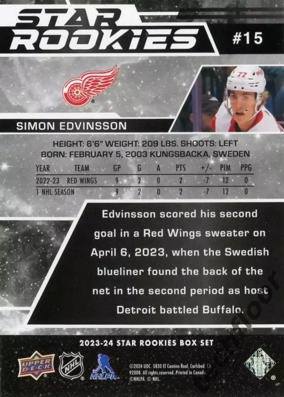 Карточка NHL Simon Edvinsson Detroit Red Wings/ Симон Эдвинссон Детройт НХЛ 1