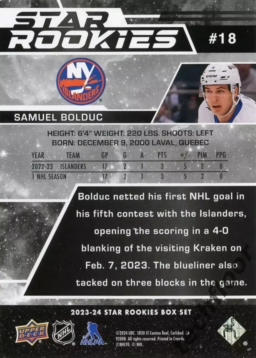 Карточка NHL Samuel Bolduc New York Islanders/Сэмюэл Болдук Айлендерс НХЛ 1