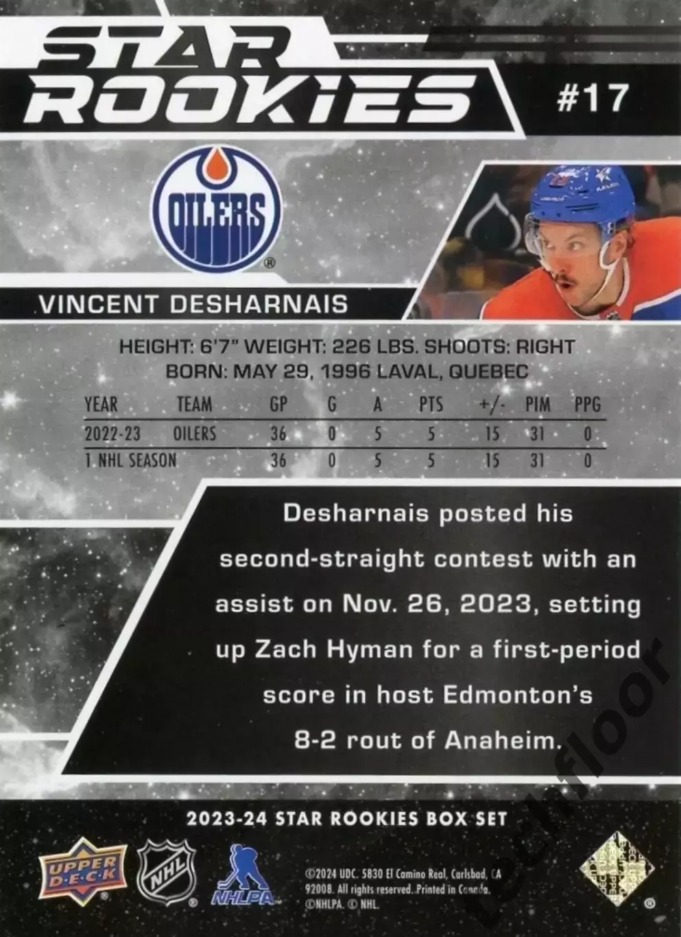 Карточка NHL Vincent Desnarnais Edmonton Oilers/Винсент Деарне Эдмонтон НХЛ 1