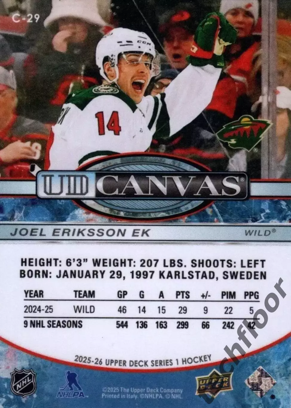 Карточка Canvas NHL Joel Eriksson Ek Minnesota Wild/Юэль Эрикссон Эк Миннесота 1