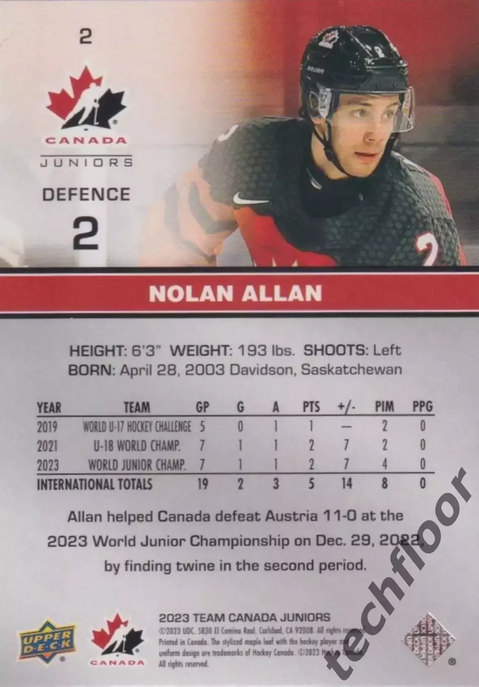 Карточка Nolan Allan Canada/Chicago Blackhawks/Нолан Аллан Канада/Чикаго НХЛ 1