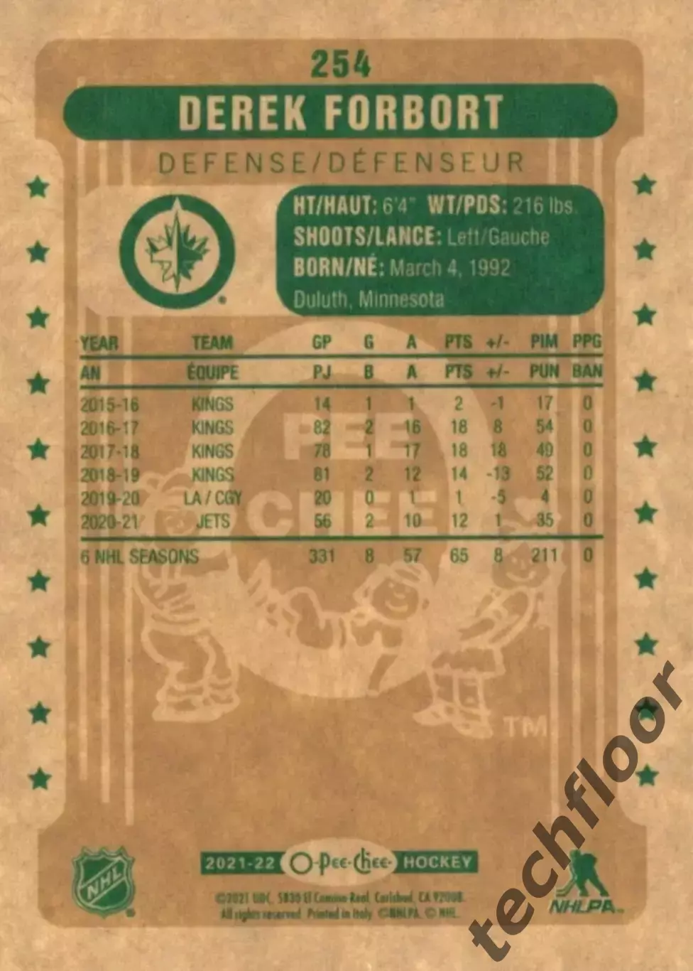 Карточка NHL Derek Forbort Winnipeg Jets/Дерек Форборт Виннипег НХЛ 1
