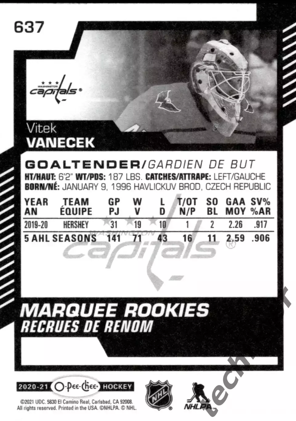 Карточка NHL Vitek Vanecek Washington Capitals/Витек Ванечек Вашингтон НХЛ 1