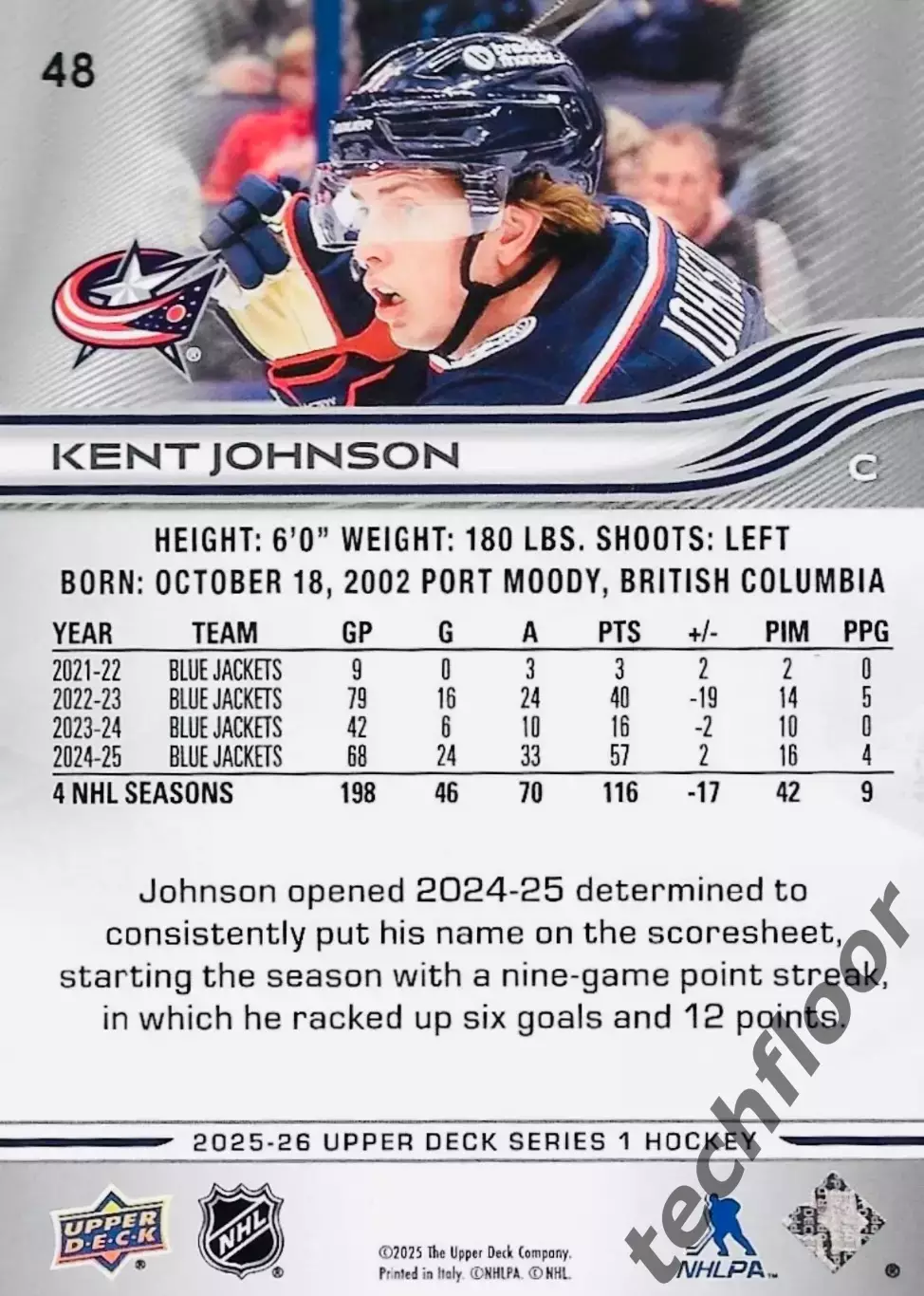 Карточка NHL Kent Johnson Columbus Blue Jackets/ Кент Джонсон Коламбус НХЛ 1