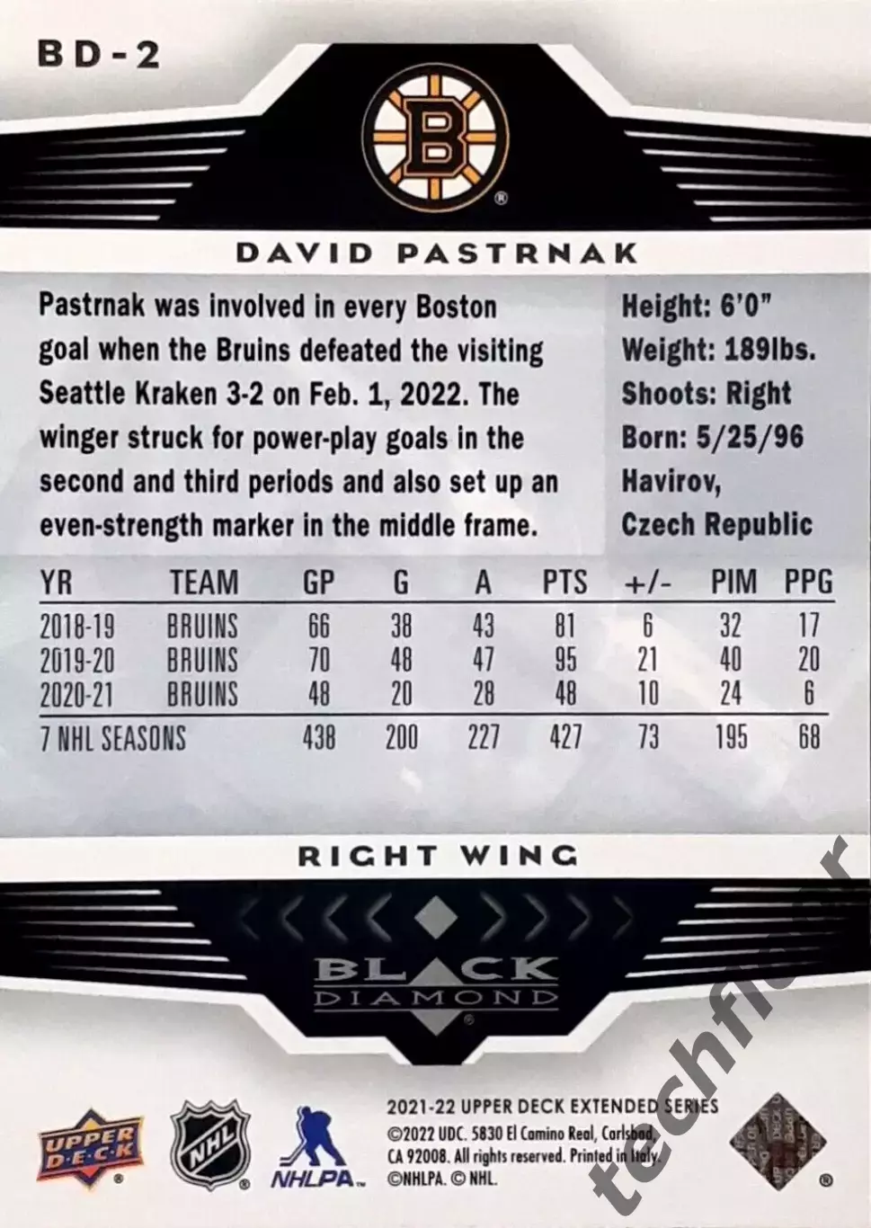 Карточка NHL David Pastrnak Boston Bruins/Давид Пастрняк НХЛ Бостон 1