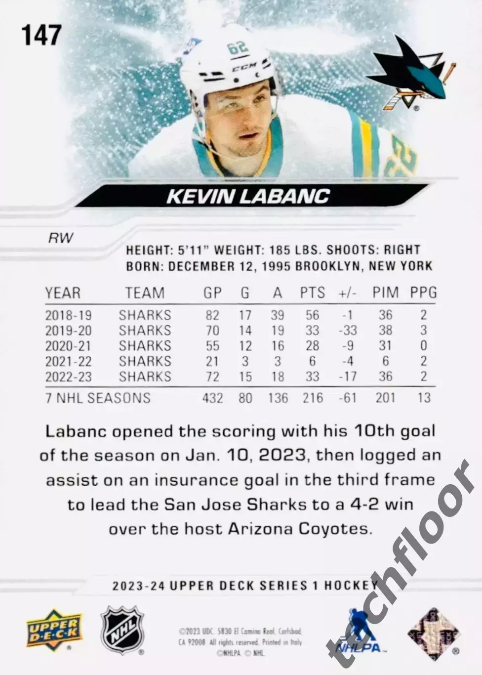 Карточка NHL Kevin Labanc San Jose Sharks/Кевин Лабанк Сан-Хосе НХЛ 1