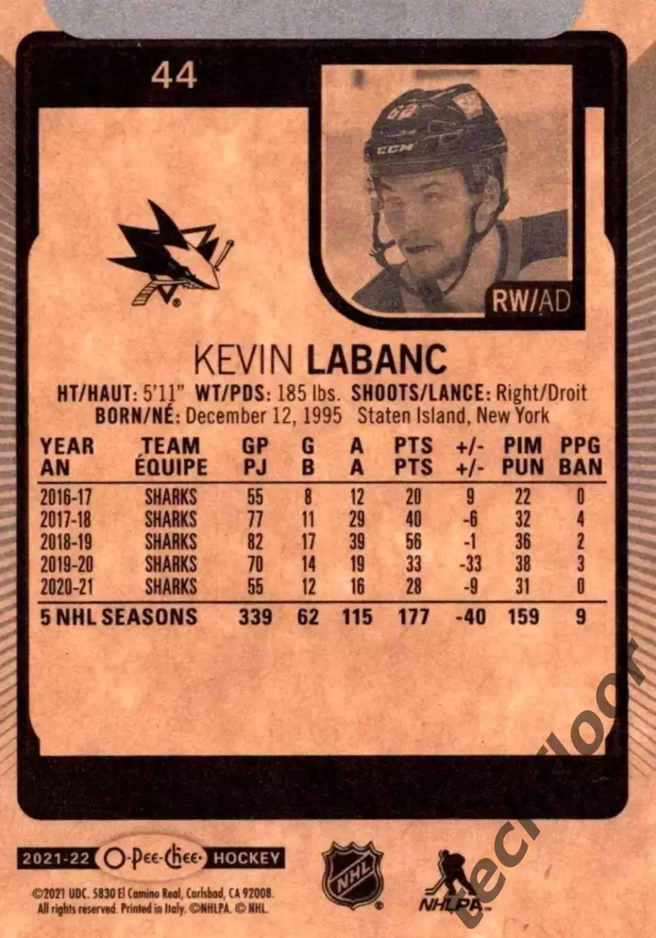 Карточка NHL Kevin Labanc San Jose Sharks/Кевин Лабанк Сан-Хосе Шаркс НХЛ 1
