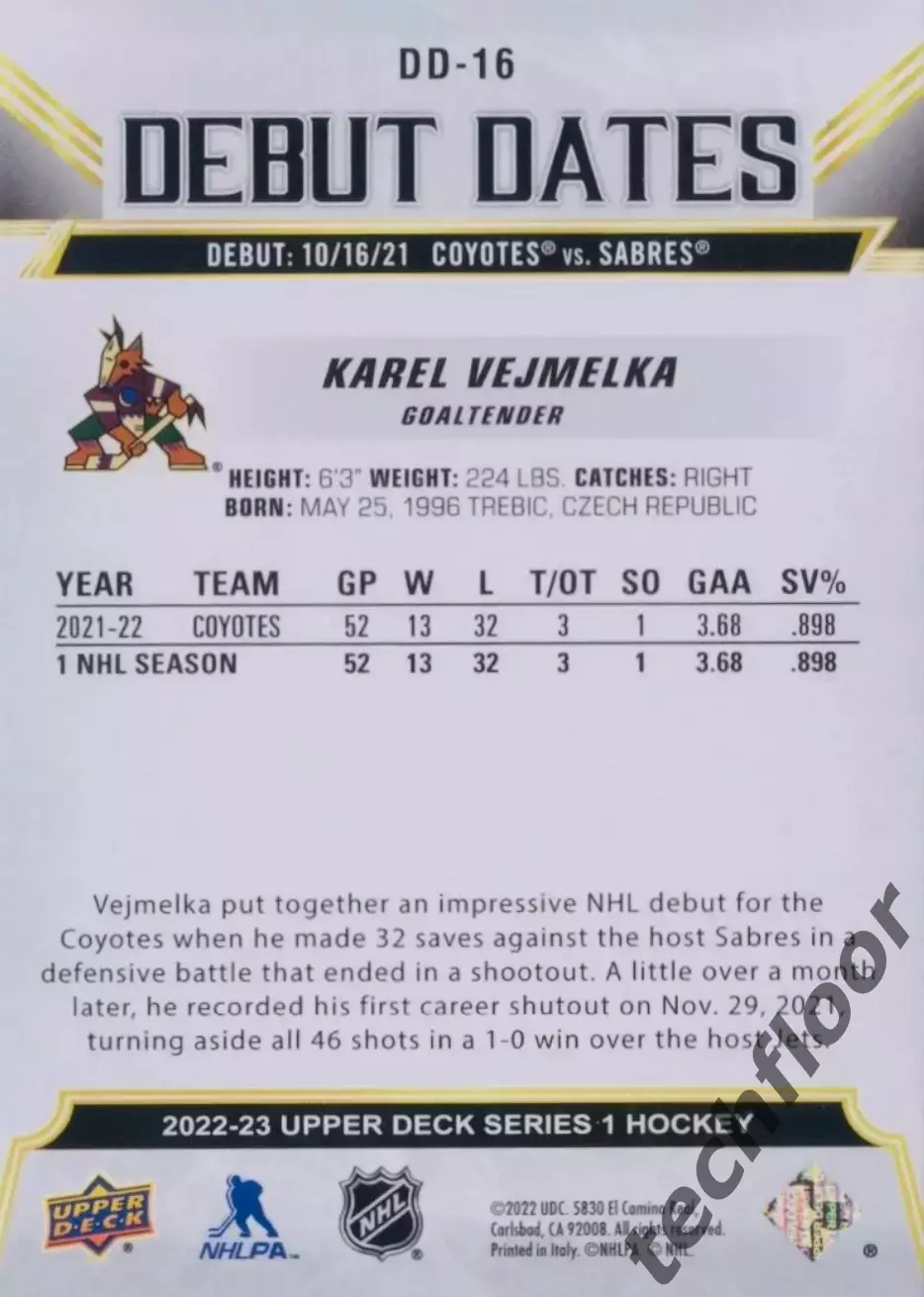Карточка NHL Karel Vejmelka Arizona Coyotes/Карел Веймелка Аризона НХЛ 1