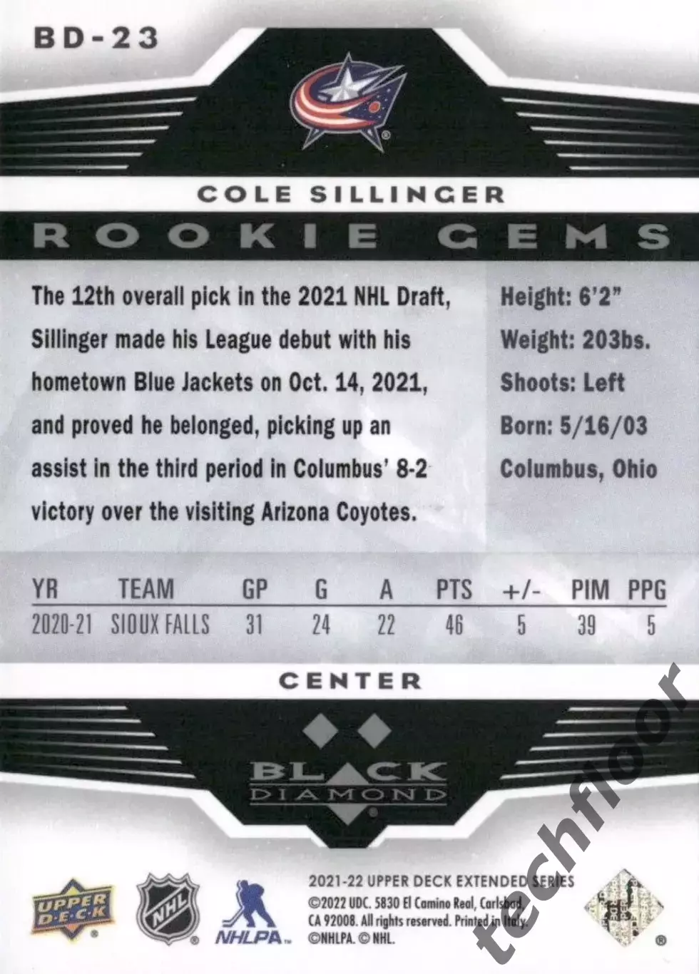 Карточка NHL Cole Sillinger Columbus Blue Jackets/Коул Силлинджер Коламбус НХЛ 1