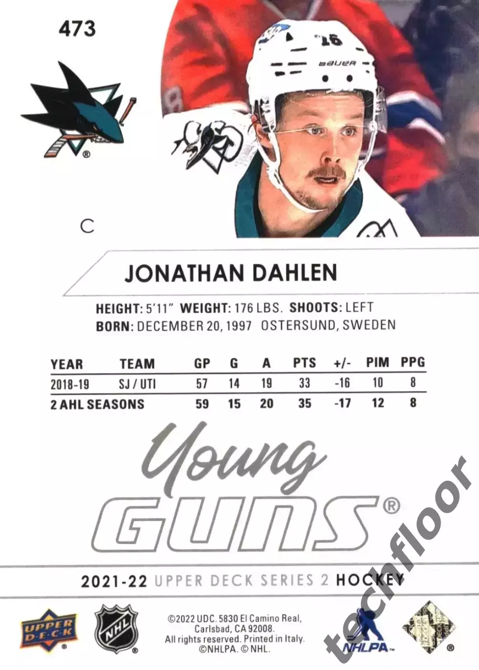 Карточка NHL Jonathan Dahlen San Jose Sharks/Джонатан Дален Сан-Хосе Шаркс НХЛ 1