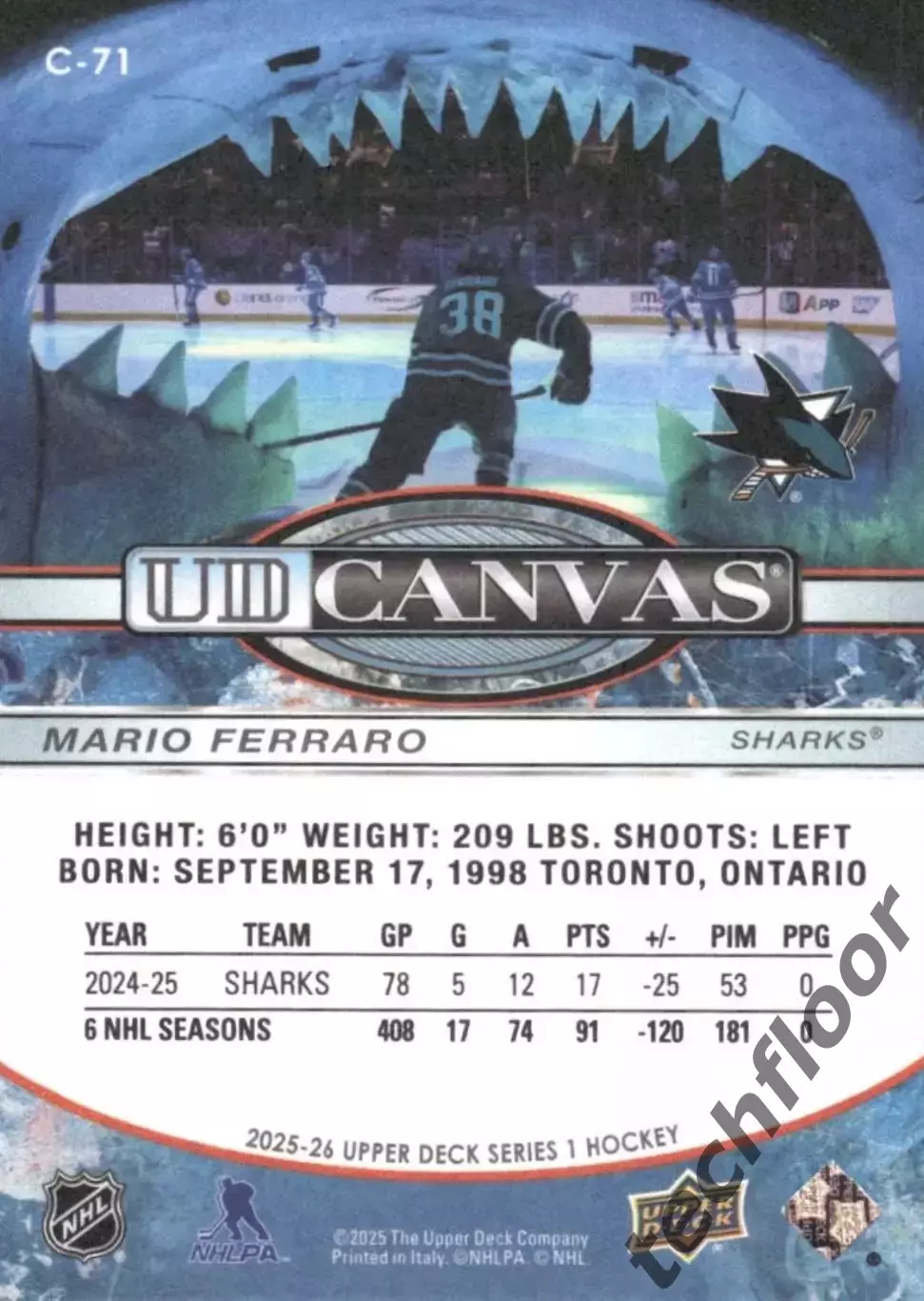 Карточка Canvas NHL Mario Ferraro San Jose Sharks/Марио Ферраро Сан-Хосе НХЛ 1
