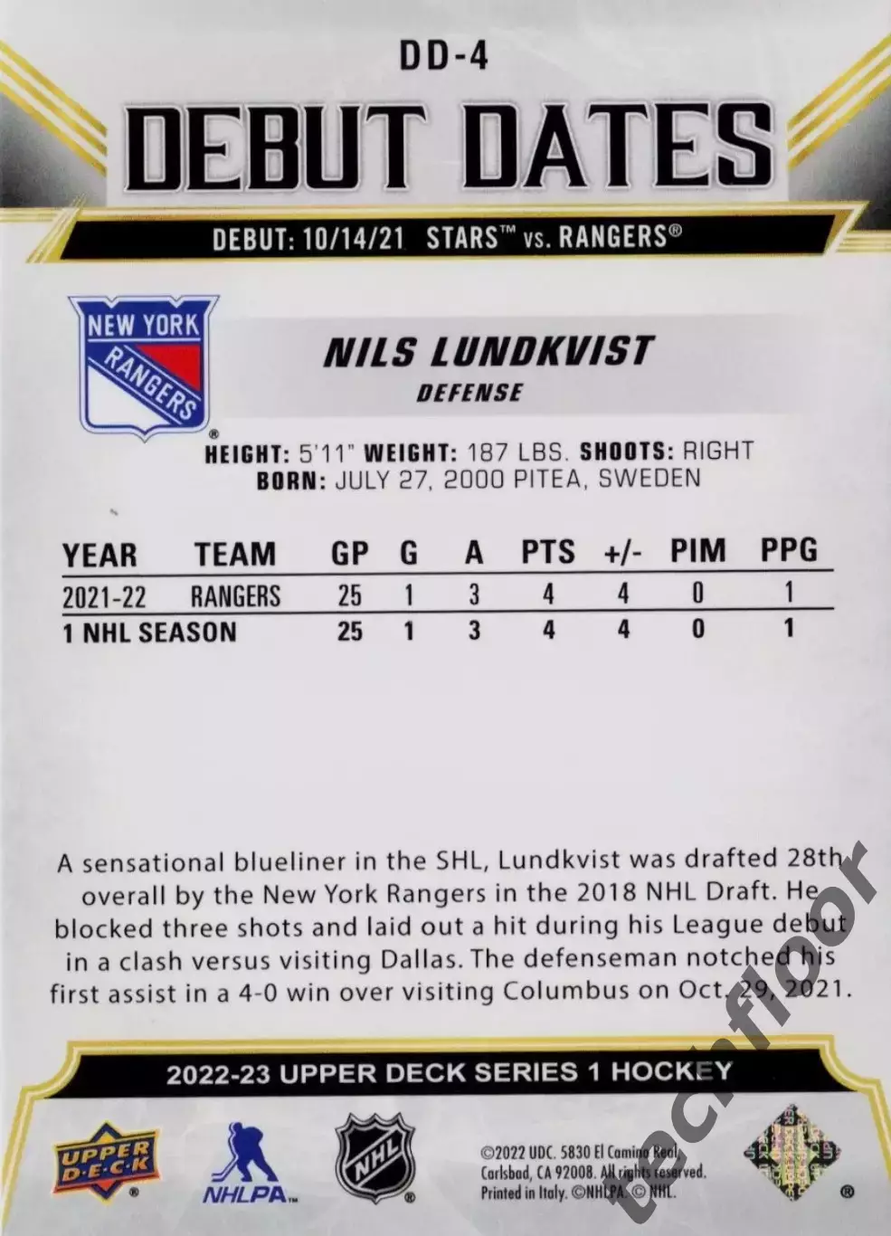 Карточка NHL Nils Lundkvist New York Rangers/Нильс Лундквист Рейнджерс НХЛ 1