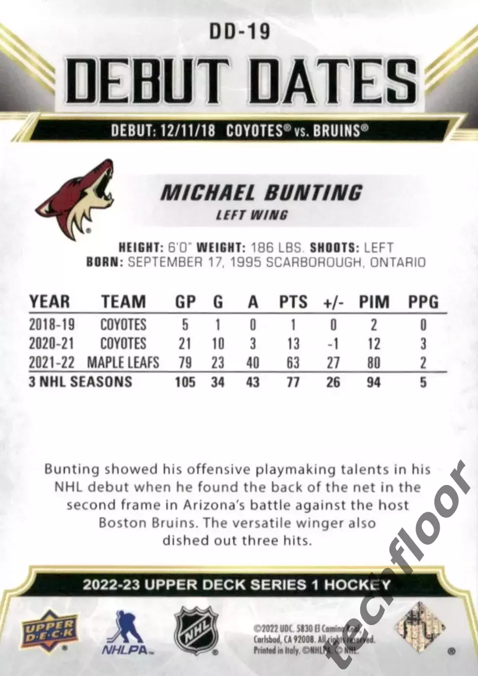 Карточка NHL Michael Bunting Arizona Coyotes/Майкл Бантинг Аризона НХЛ 1