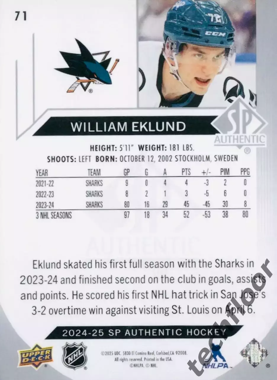 Карточка NHL William Eklund San Jose Sharks / Виллиам Эклунд Сан-Хосе НХЛ 1