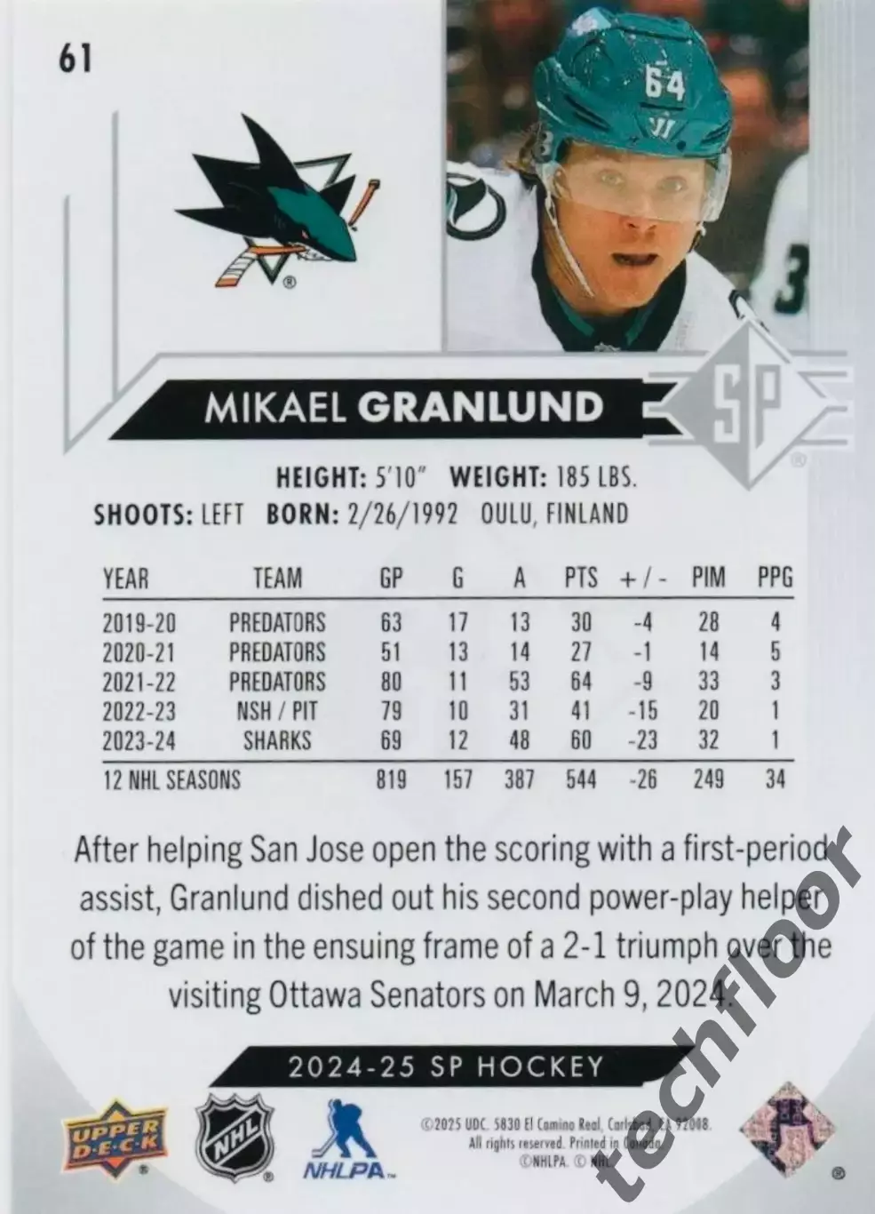 Карточка NHL Mikael Granlund San Jose Sharks/ Микаэль Гранлунд Сан-Хосе НХЛ 1