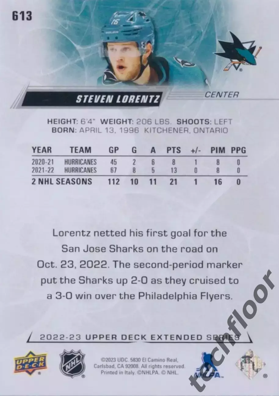 Карточка NHL Steven Lorentz San Jose Sharks/Стивен Лоренц Сан-Хосе НХЛ 1
