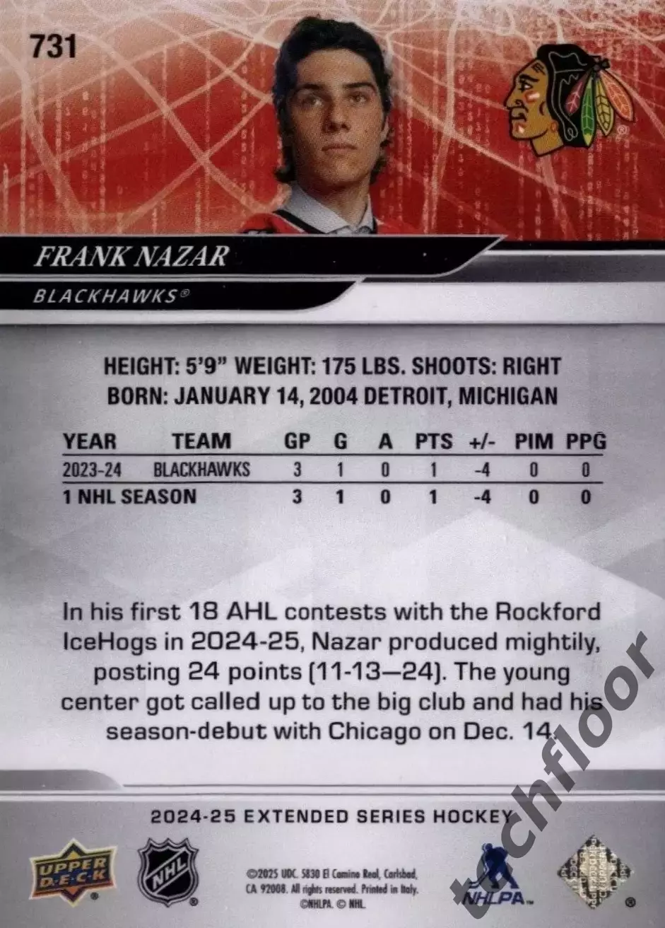 Карточка NHL Frank Nazar Chicago Blackhawks/Фрэнк Назар Чикаго НХЛ 1