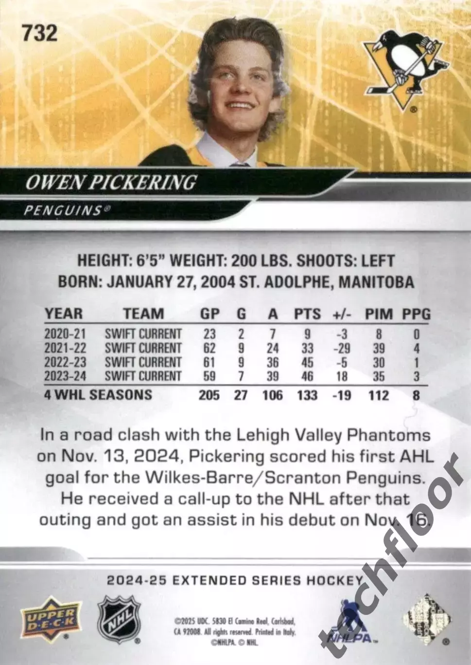 Карточка NHL Owen Pickering Pittsburgh Penguins/Оуэн Пикеринг Питтсбург НХЛ 1