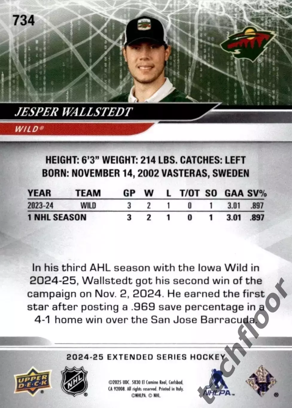 Карточка NHL Jesper Wallstedt Minnesota Wild/Йеспер Валльстедт Миннесота НХЛ 1
