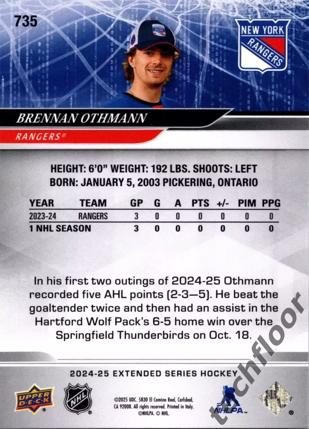 Карточка NHL Brennan Othmann New York Rangers/Бреннан Отманн Рейнджерс НХЛ 1