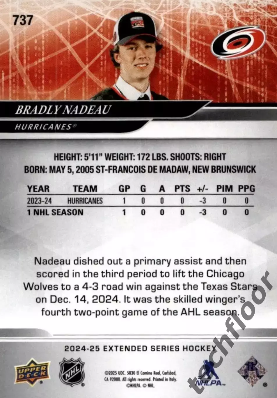 Карточка NHL Bradly Nadeau Carolina Hurricanes/Брэдли Надо Каролина НХЛ 1