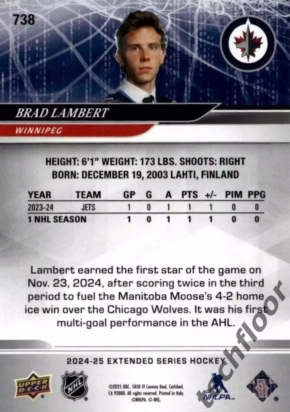 Карточка NHL Brad Lambert Winnipeg Jets/Бред Ламберт Виннипег НХЛ 1
