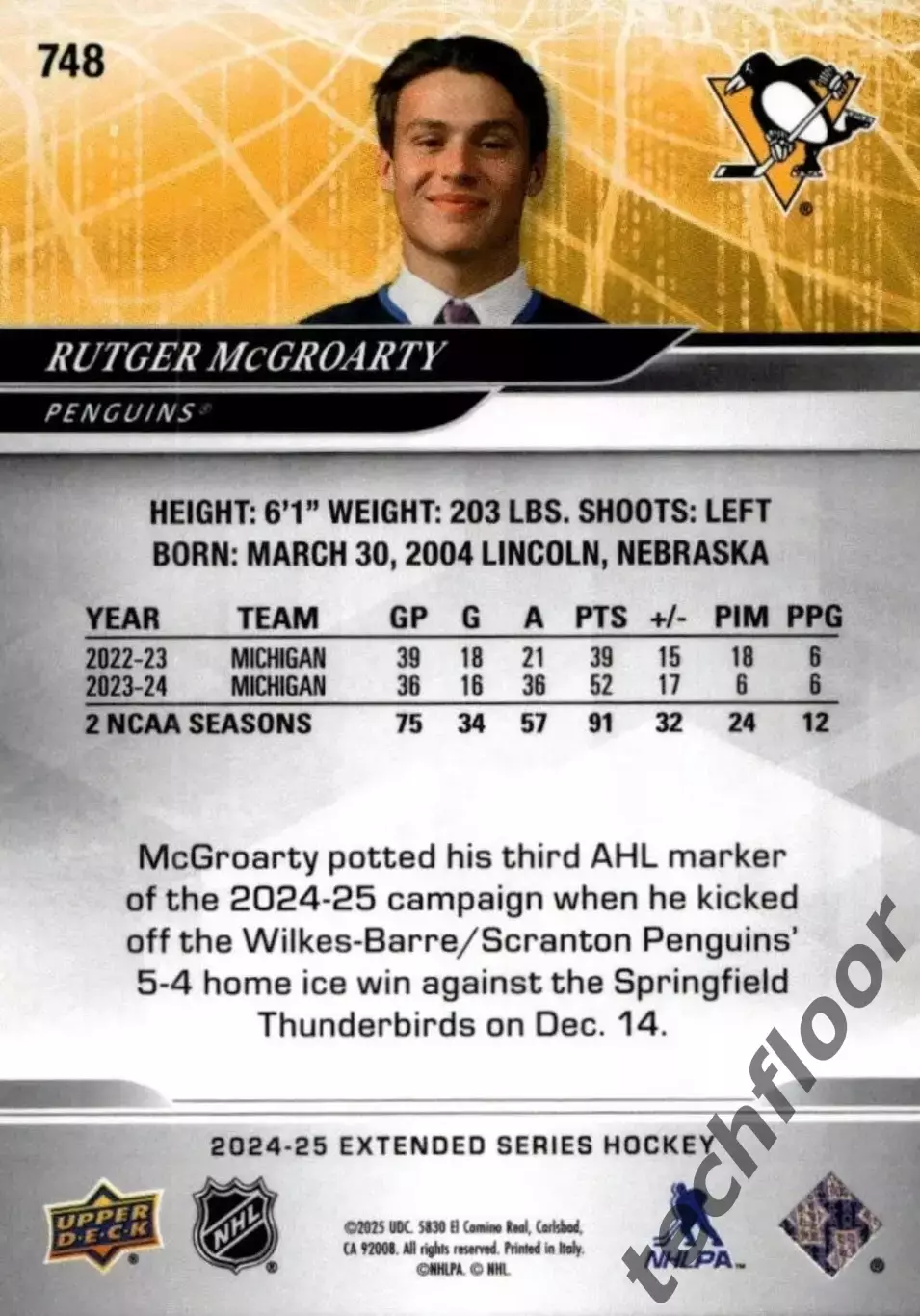 Карточка NHL Rutger McGroarty Pittsburgh Penguins/ Рутгер Макгроарти Питтсбург 1