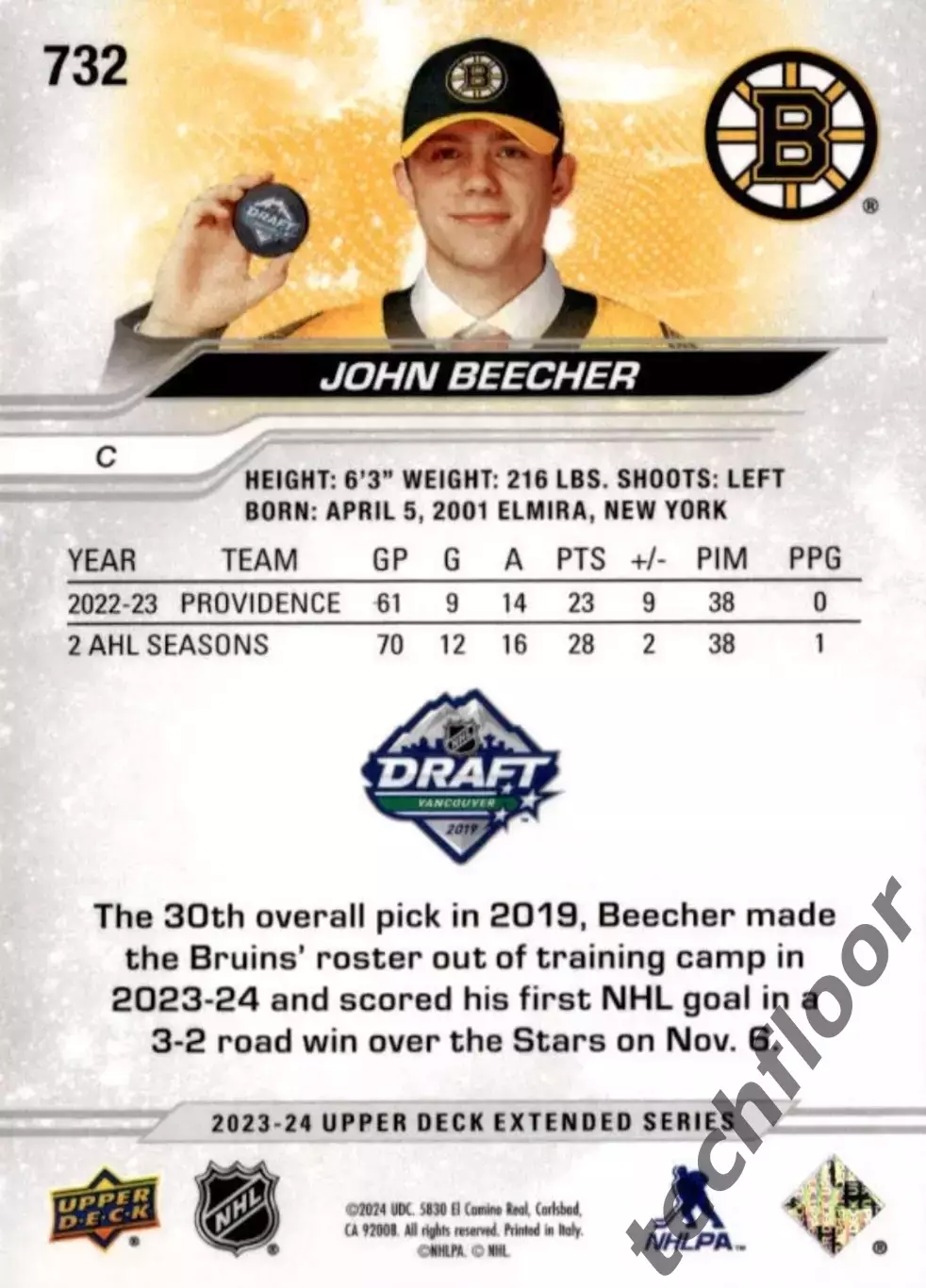 Карточка NHL John Beecher Boston Bruins/Джон Бичер Бостон НХЛ 1
