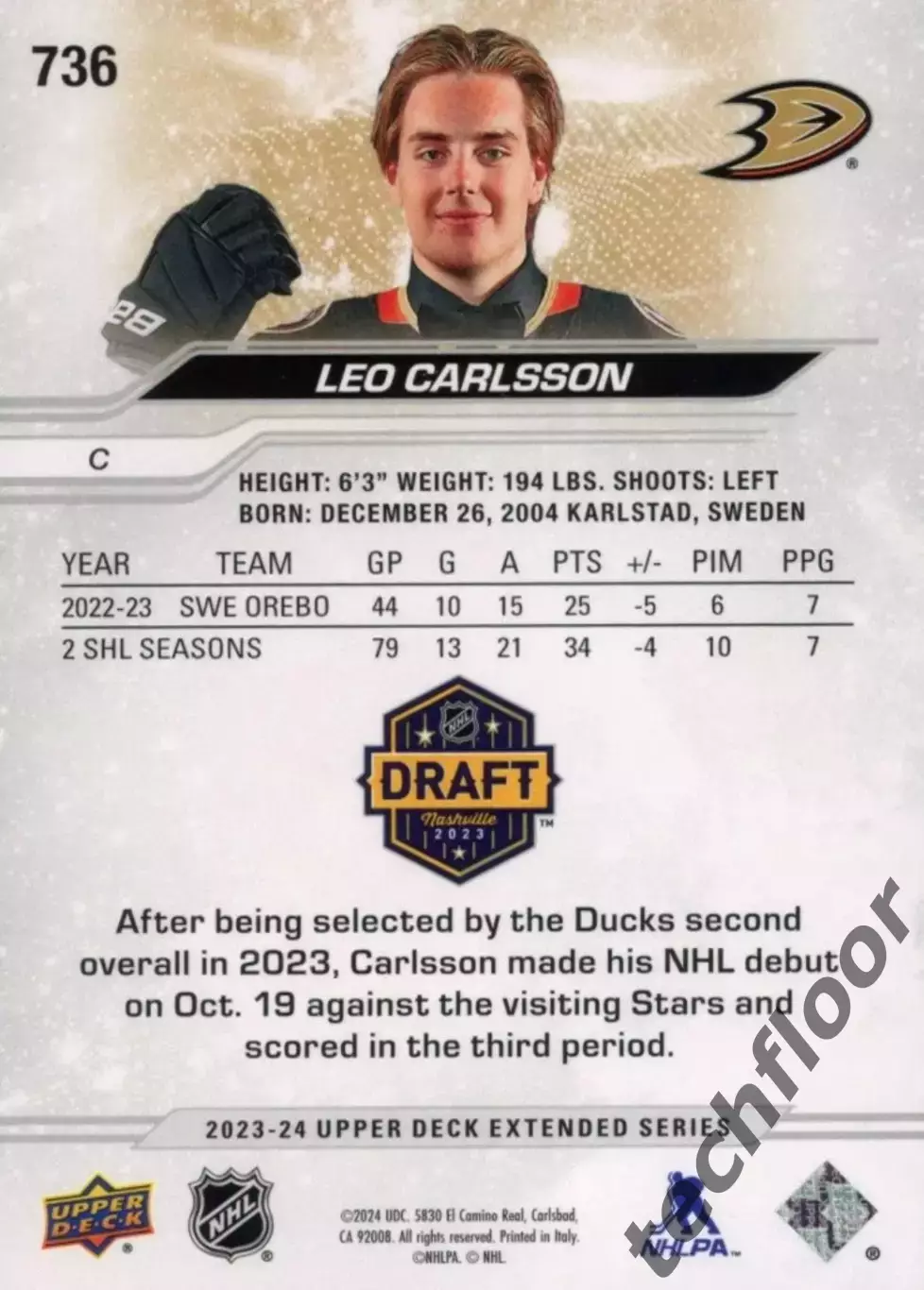 Карточка NHL Leo Carlsson Anaheim Ducks/Лео Карлссон Анахайм НХЛ 1