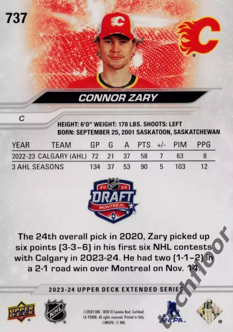 Карточка NHL Connor Zary Calgary Flames/Коннор Зари Калгари НХЛ 1